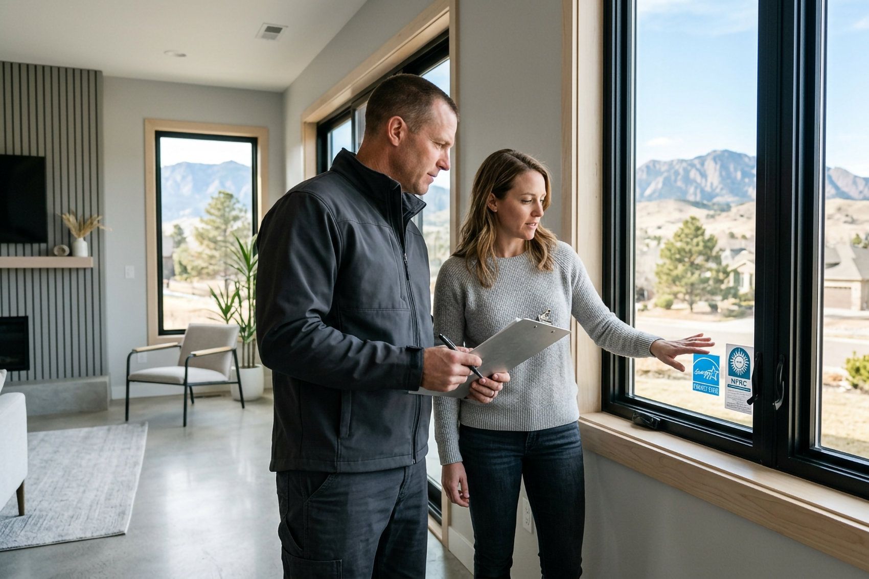 Professional installers leveling double hung windows during installation in Colorado mountain home