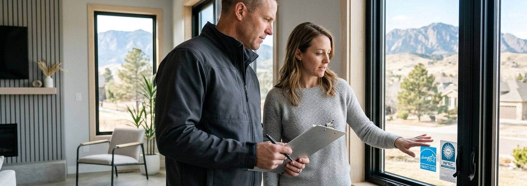 Colorado homeowner and window installer reviewing Energy Star and NFRC labels on a new window