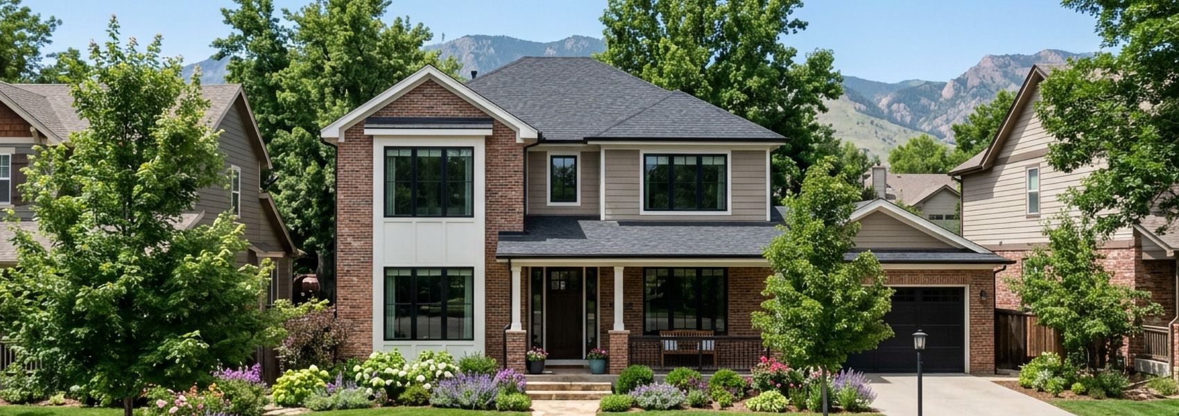 Two-story Denver-area home with black-framed windows and Front Range foothills in summer