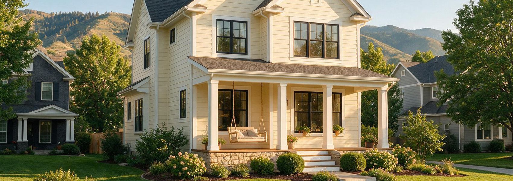 Two-story Denver home with black-framed windows in warm late afternoon summer light