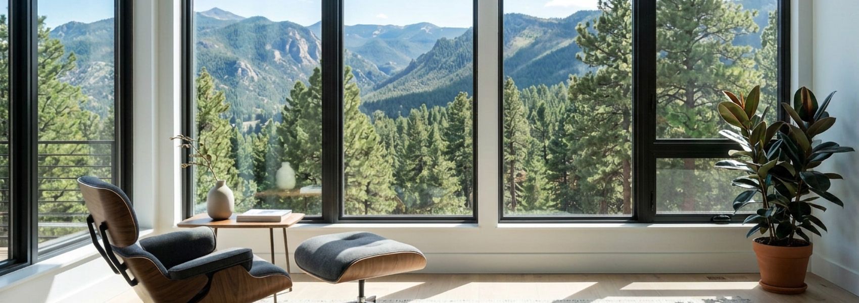 Bright Colorado home interior with large dark-framed picture windows showing mountain views
