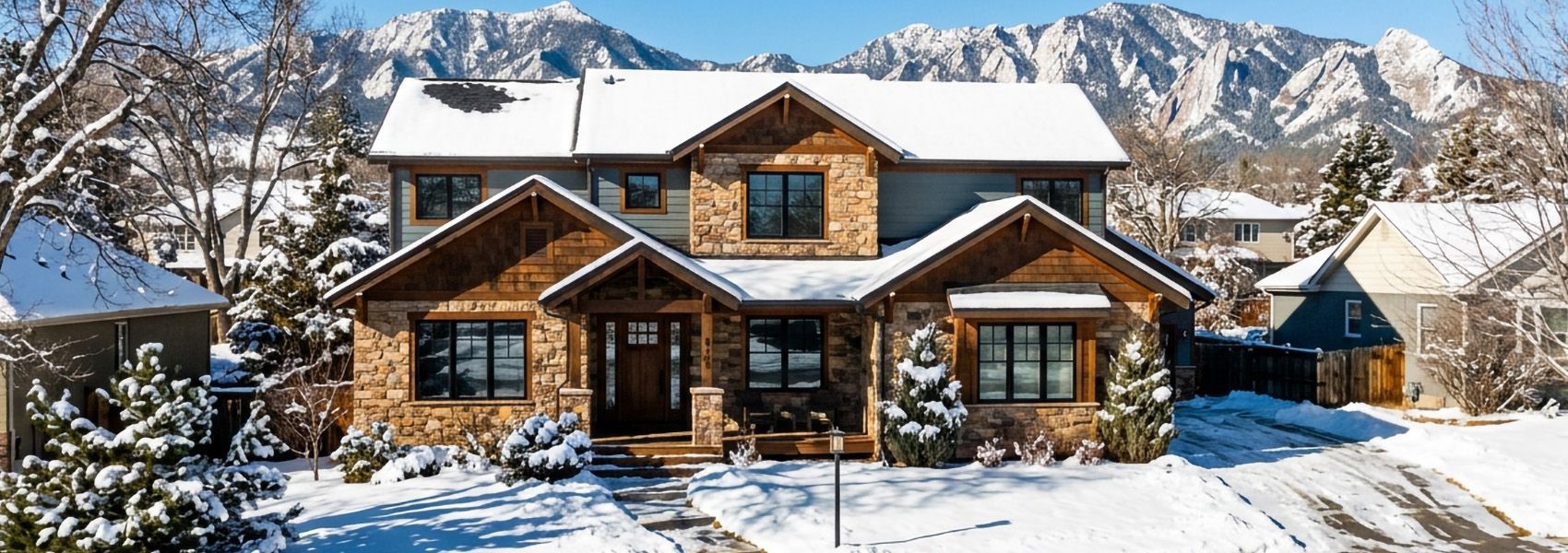 Colorado craftsman home in snow with black-framed windows and Flatirons backdrop