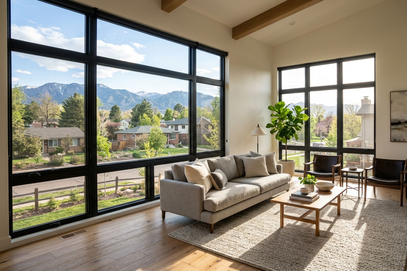Professional installers leveling double hung windows during installation in Colorado mountain home