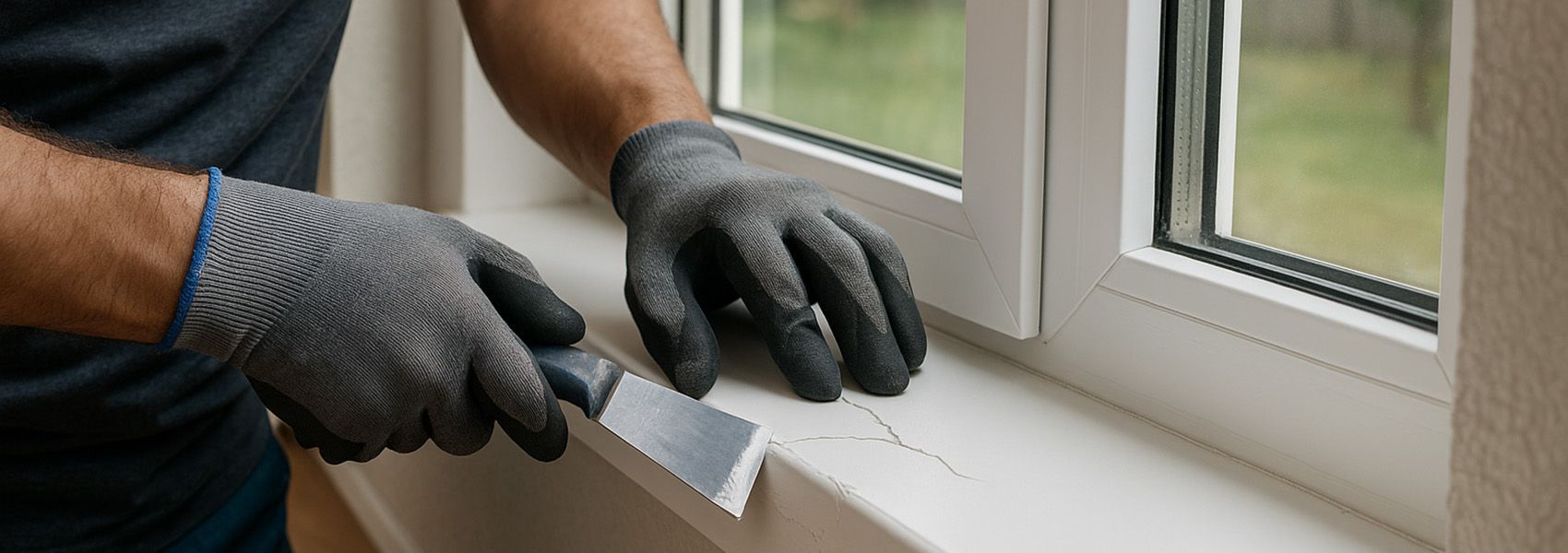 Professional repairing cracked vinyl window frame sill with putty knife and repair compound