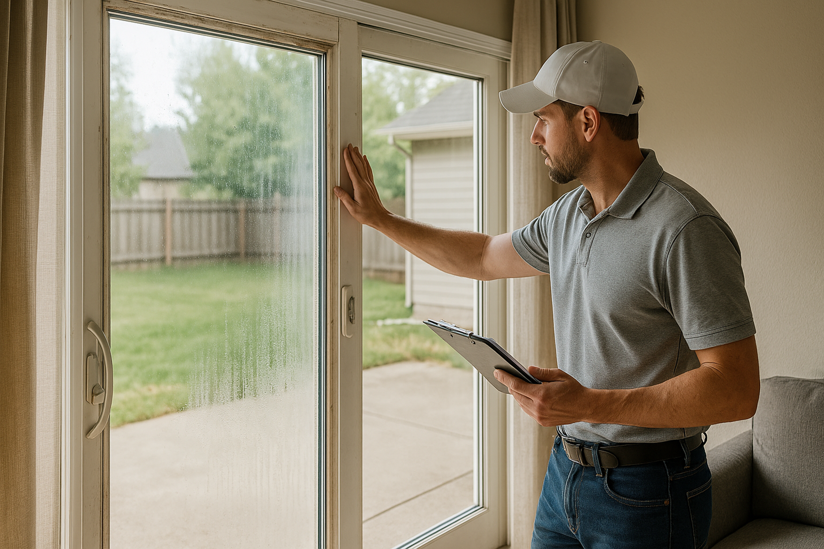 Professional contractor inspecting older patio door for replacement timing and performance issues