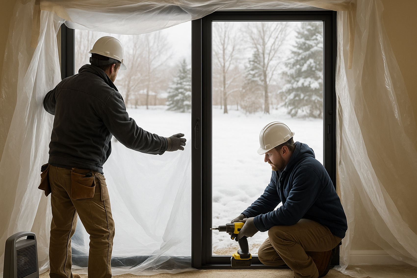 Professional contractors installing patio door in winter with plastic barriers and heater preventing heat loss