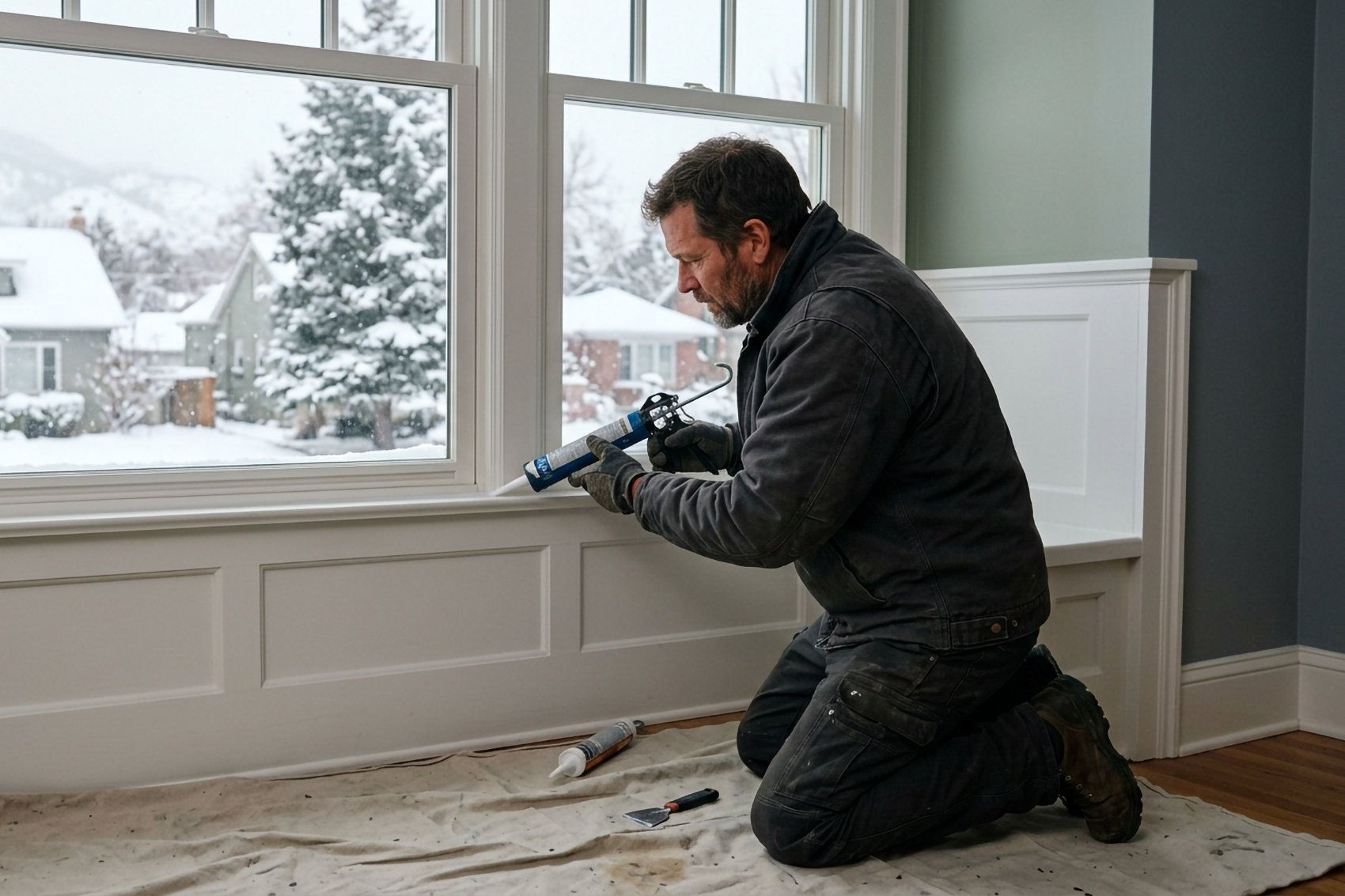 Professional installers leveling double hung windows during installation in Colorado mountain home