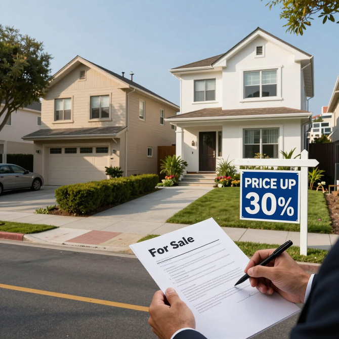 For sale sign and price up 30% in front of suburban houses, with a person holding a listing form