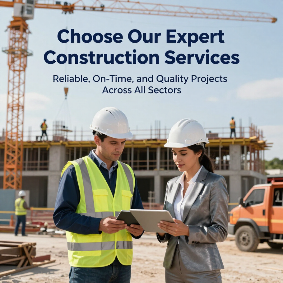 Construction workers reviewing plans at a building site with cranes and “Choose Our Expert Construction Services” text