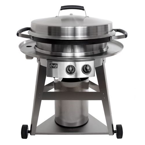 A stainless steel grill with wheels on a white background