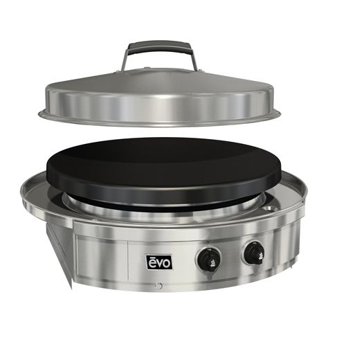 A stainless steel grill with a black lid on top of it.