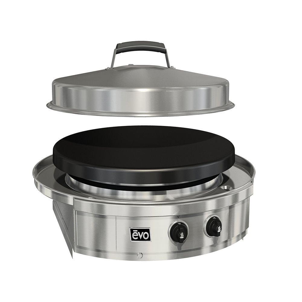 A stainless steel grill with a black burner and a lid.