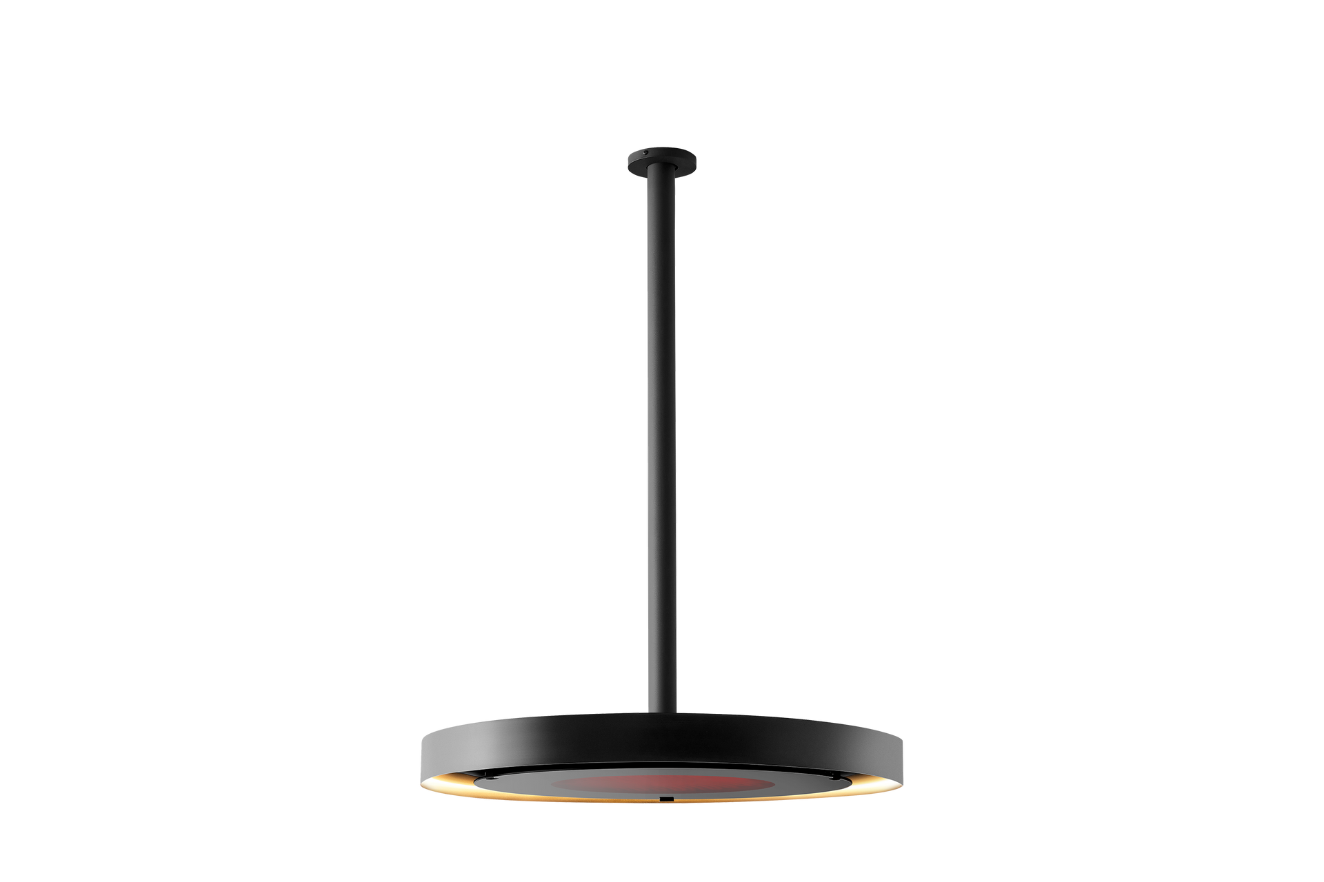 A black pendant light with a red shade is hanging from the ceiling.