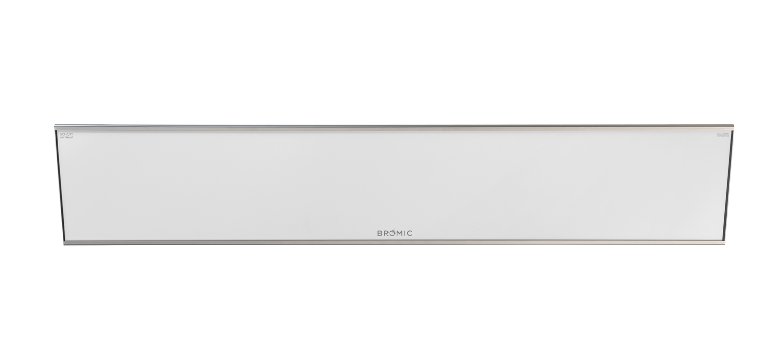 A long white board with a metal frame on a white background.
