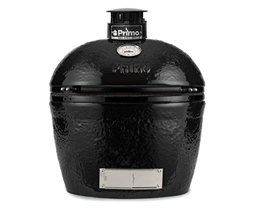 A black primo grill is sitting on a white surface.