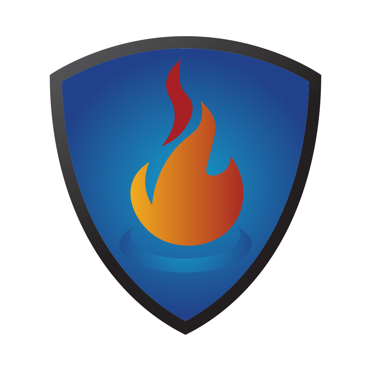 A blue shield with a fire inside of it