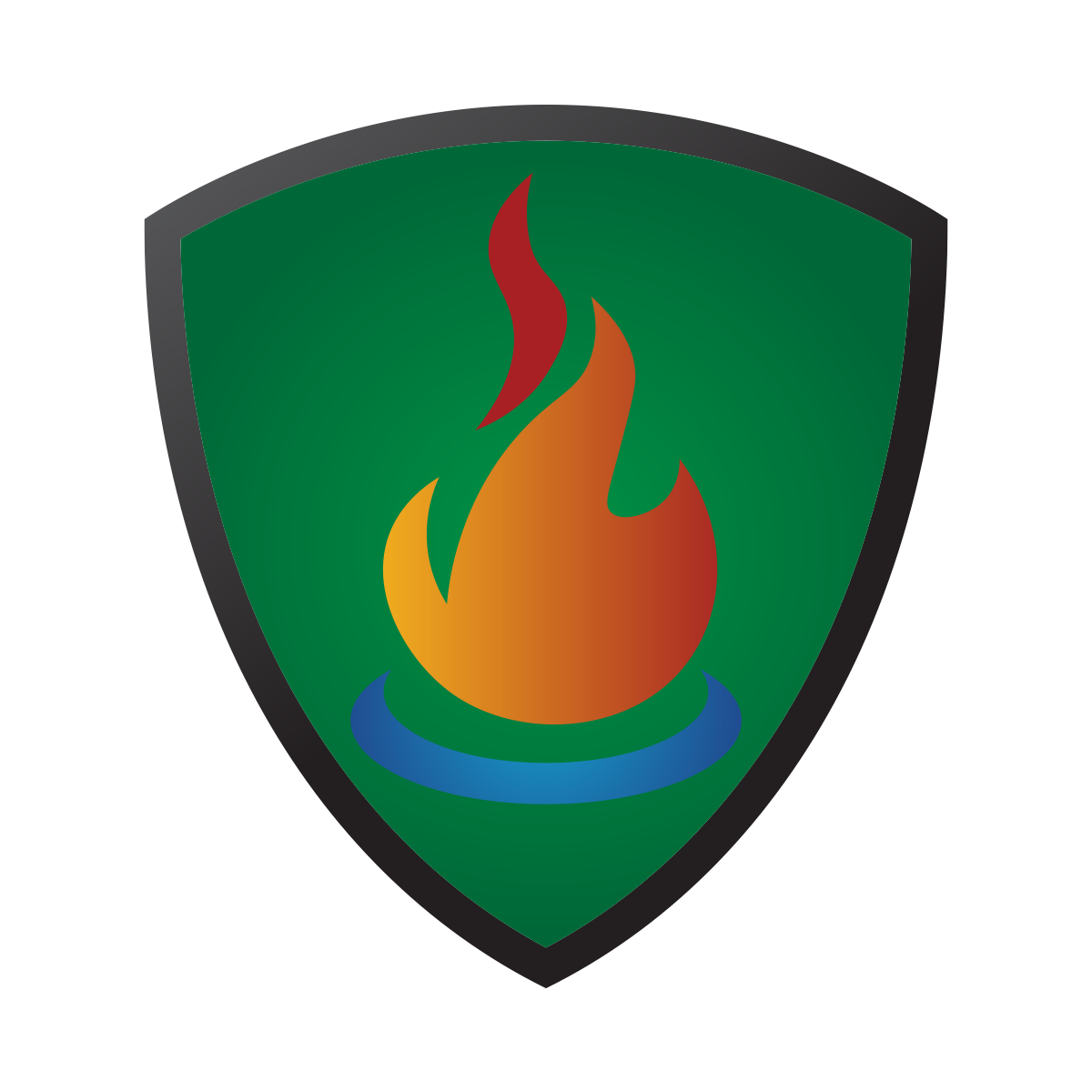 A green shield with a fire on it