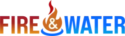 A logo for fire and water with a flame in the middle.
