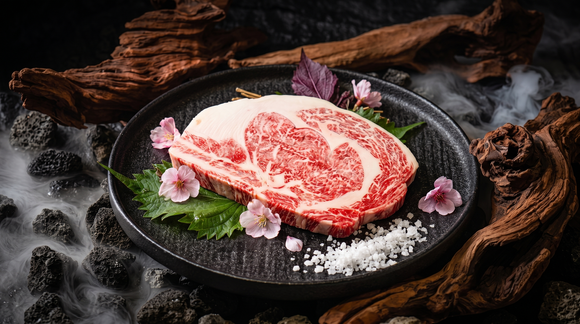 Raw marbled steak on a black plate with pink flowers, green leaves, and coarse salt on rustic wood.