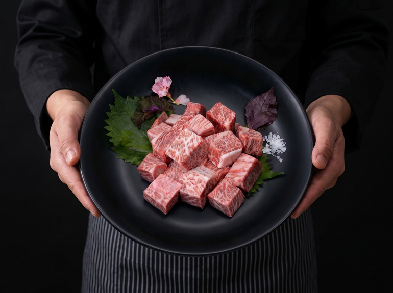 Hands holding a black bowl of cubed raw marbled beef garnished with greens and flowers on a dark background