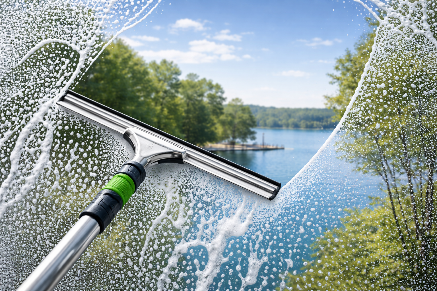 Window being cleaned with a squeegee, soapy suds, lake and trees in background.