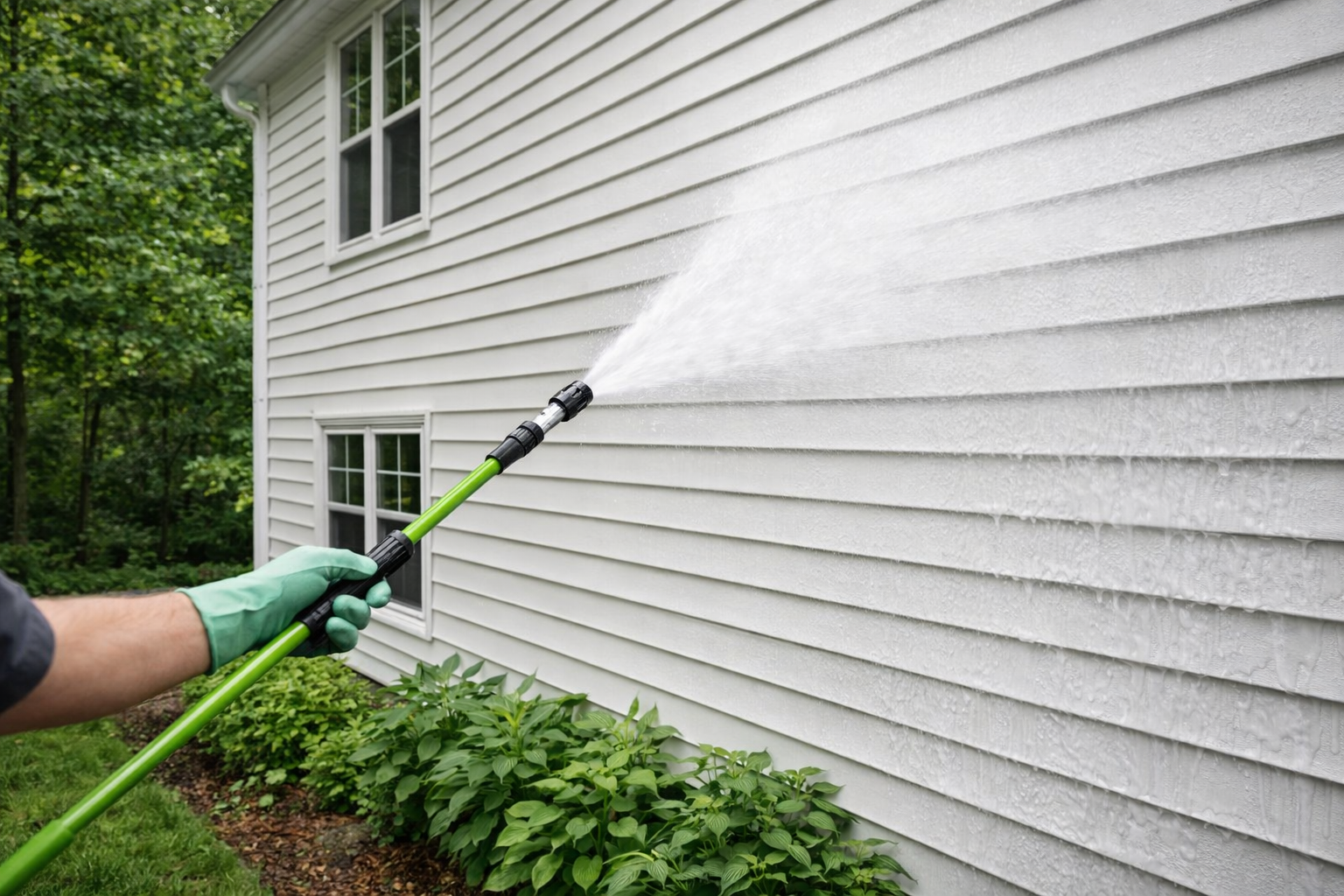 Person power washing white siding of a house with a green wand, outdoors.