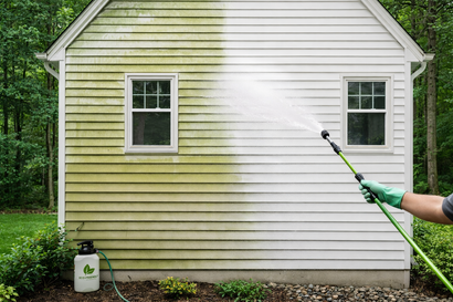 A house being pressure washed, cleaning green algae from the siding.