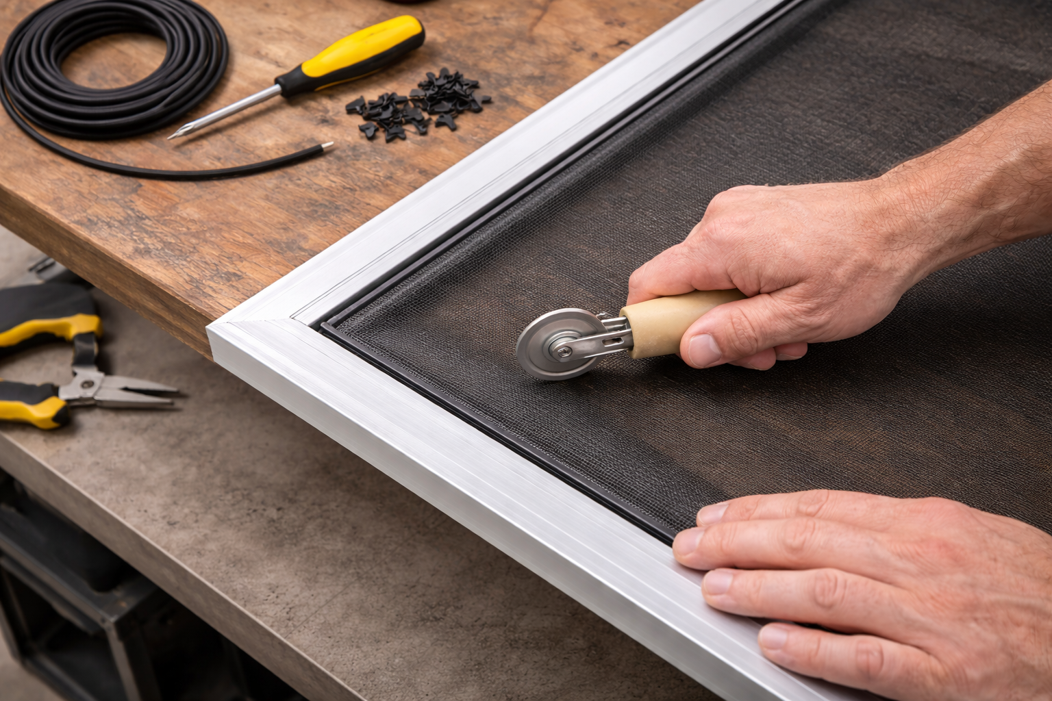 Hands installing screen mesh into a window frame with a rolling tool. Tools and materials are on a wooden surface.