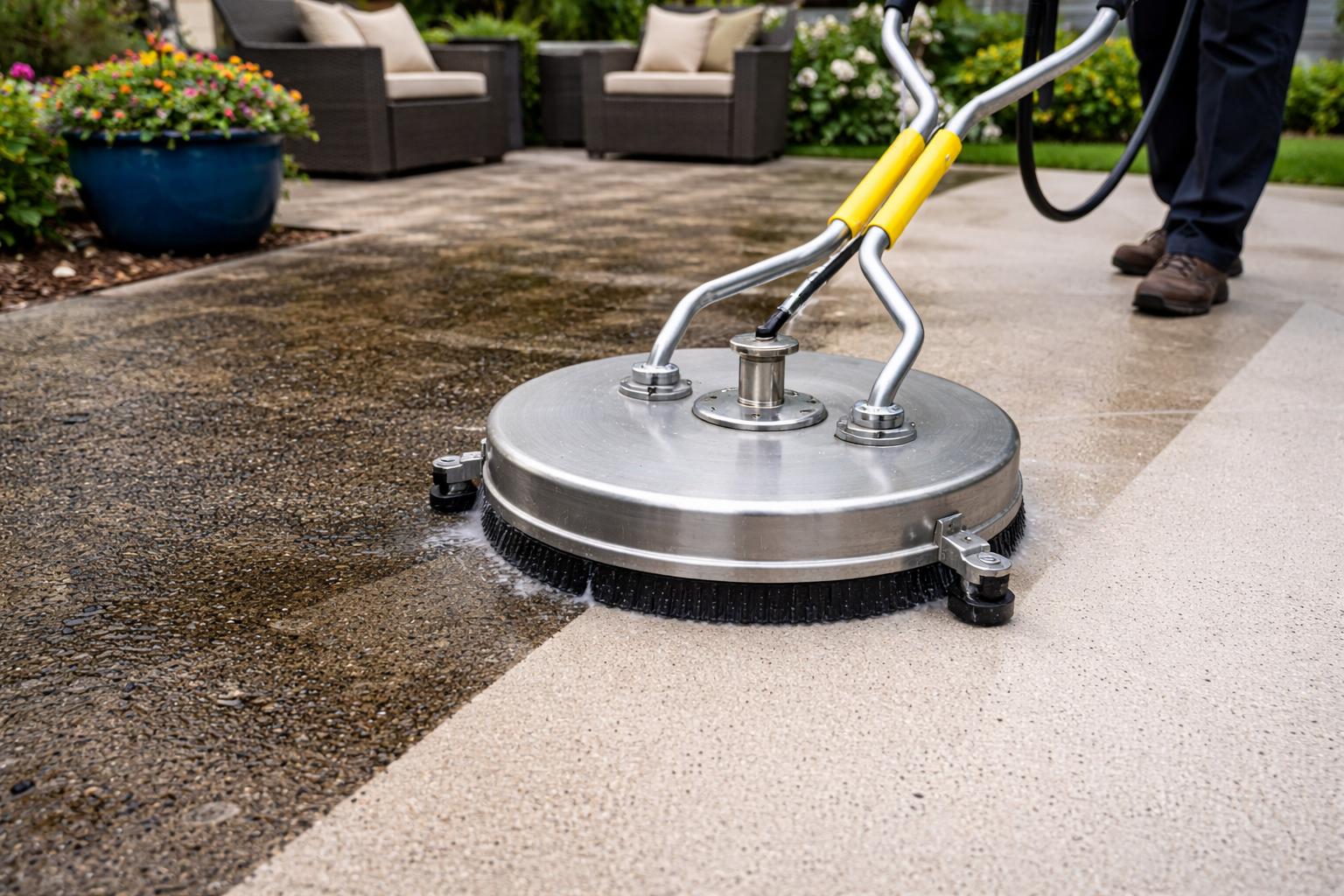 A person pressure washing a concrete patio, revealing a clean strip.