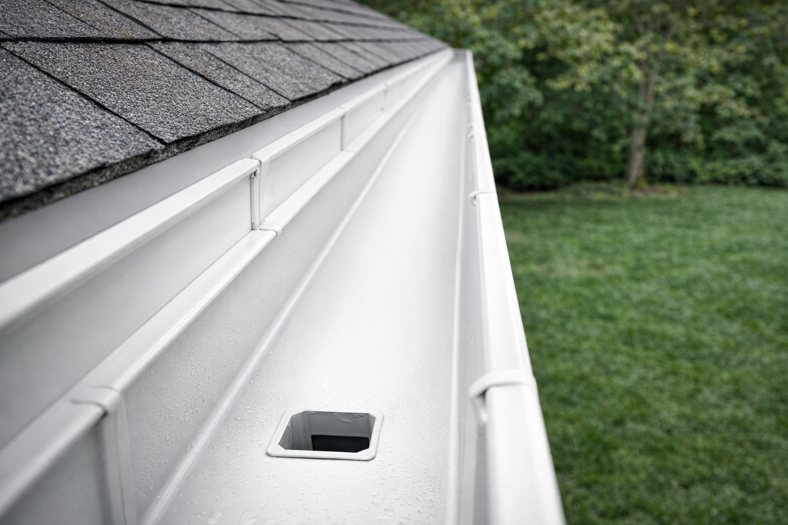 White aluminum rain gutter attached to a roof with shingles; a lawn is in the background.