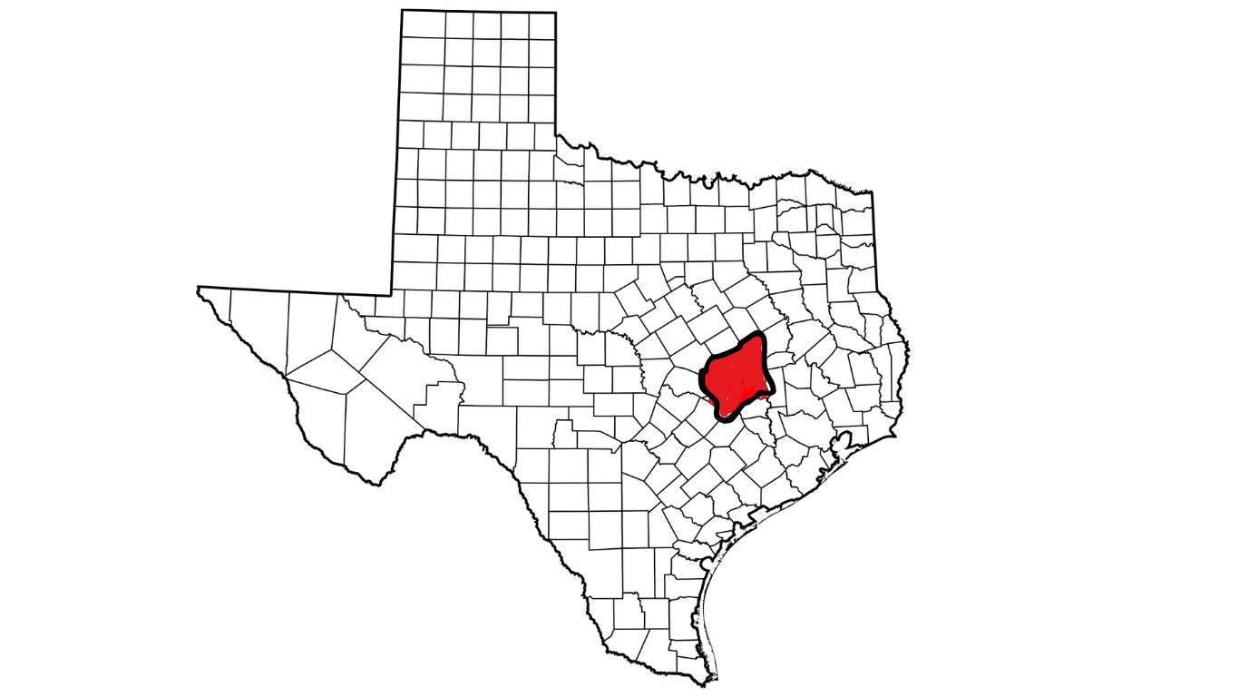Map of Texas with one county highlighted in red in the northeast-central area