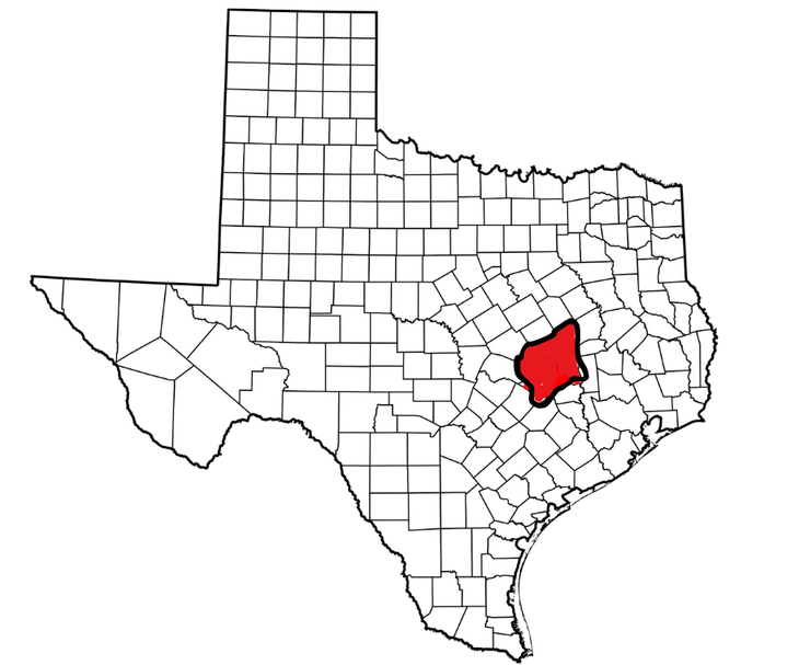 Texas county map with one central county highlighted in red