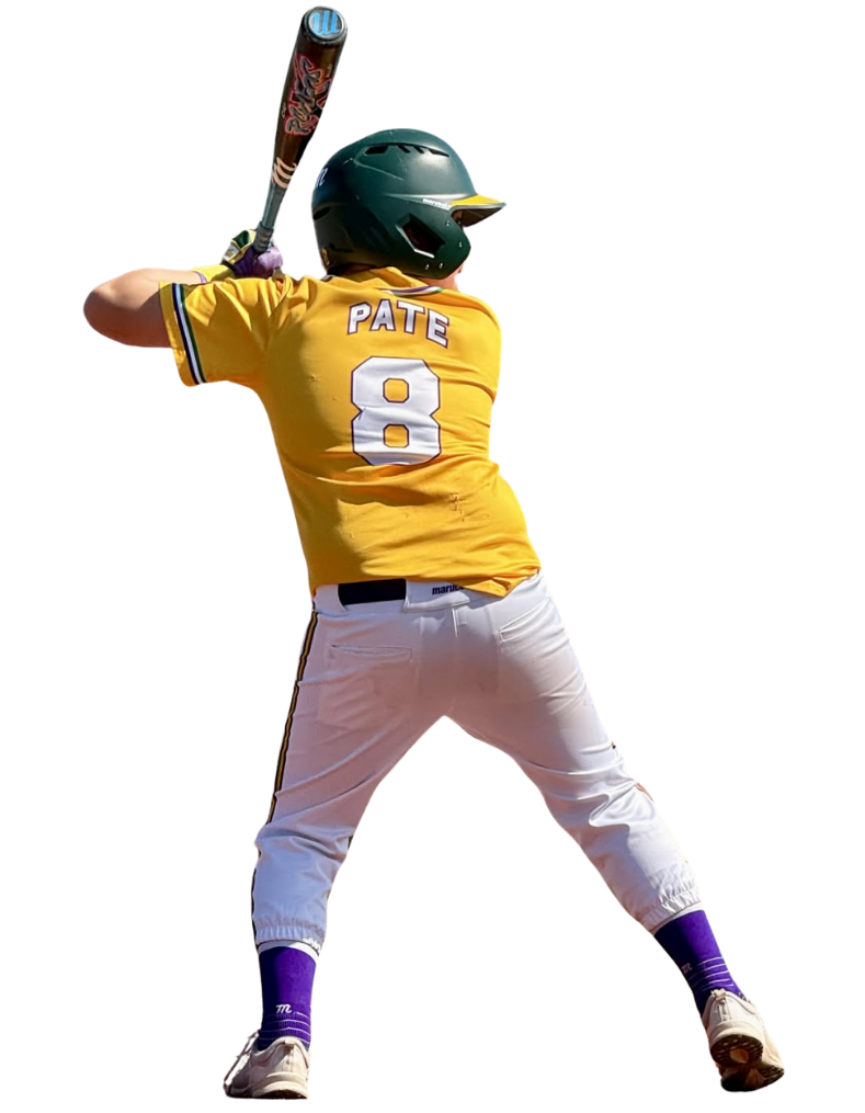 Baseball batter in yellow jersey and gray pants swinging a bat, viewed from behind on a white background.