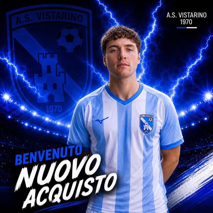 Grafica di benvenuto dell'AS Vistarino con un giocatore in divisa biancoblu e la scritta "Benvenuto Nuovo Acquisto".