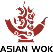 Red wok logo with steam swirls above bold black text reading “ASIAN WOK”
