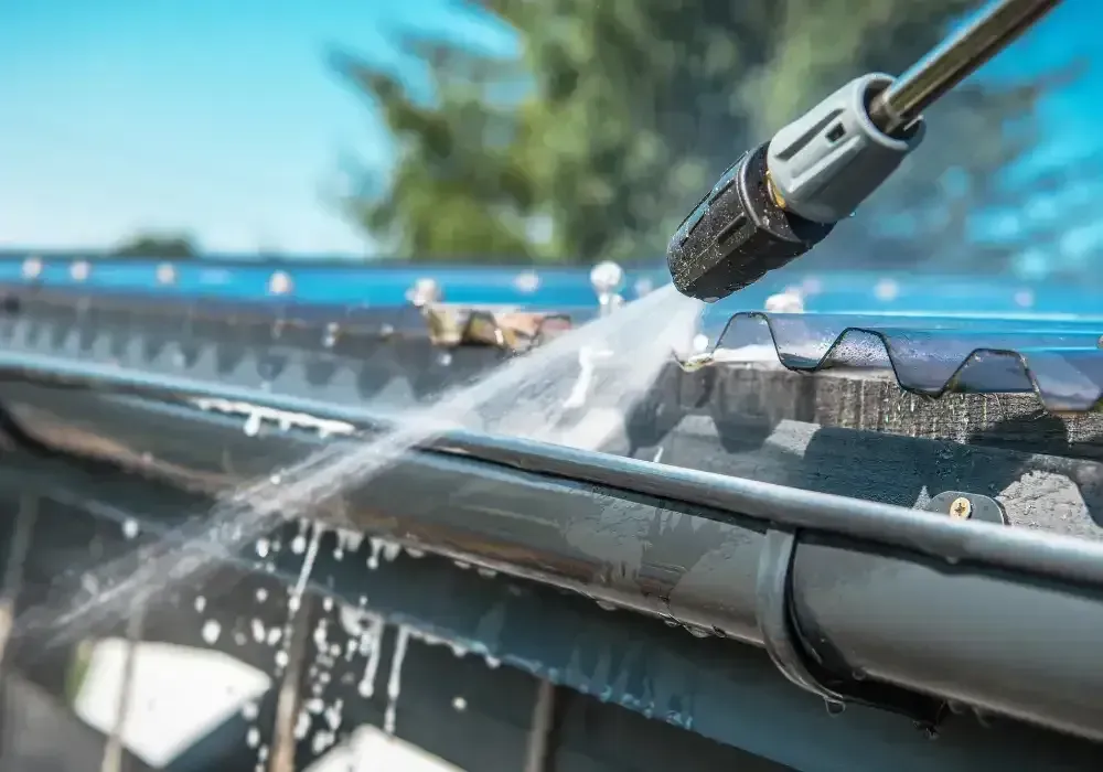 Pressure washing a roof gutter and shingles with water spraying outdoors