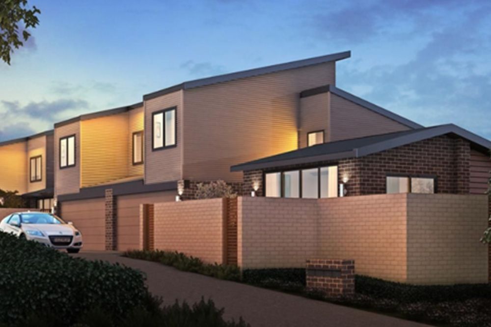 An artist 's impression of a row of houses with a car parked in front of them.