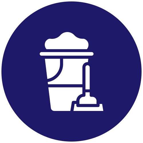 An icon of a bucket and mop in a blue circle.