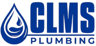CLMS Plumbing logo with blue water drop and bold blue text on white background