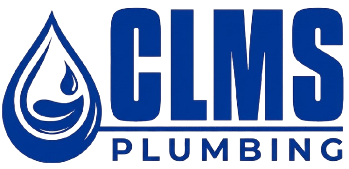 CLMS Plumbing logo with blue water drop and bold blue text on white background