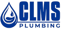 CLMS Plumbing logo with blue water drop and bold blue text on white background