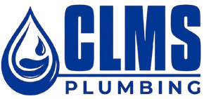 CLMS Plumbing logo with blue water drop and bold blue text on white background