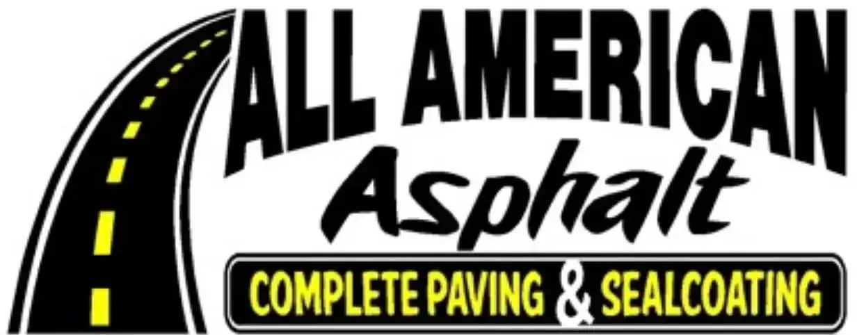 Logo for All American Asphalt, featuring a road graphic and text "COMPLETE PAVING & SEALCOATING".