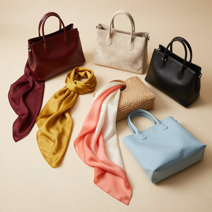 Bolsos y bufandas surtidos en color burdeos, beige, negro, amarillo, rosa y azul sobre un fondo beige.