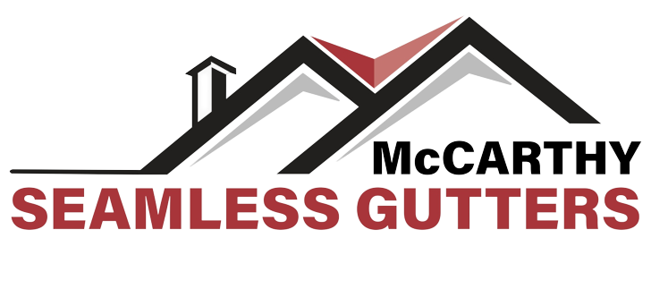 Logo for McCarthy Seamless Gutters featuring a roof icon with text.