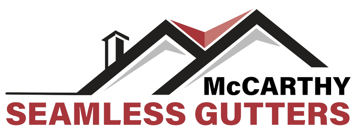 Logo of McCarthy Seamless Gutters featuring a roof icon with the company name in black and text