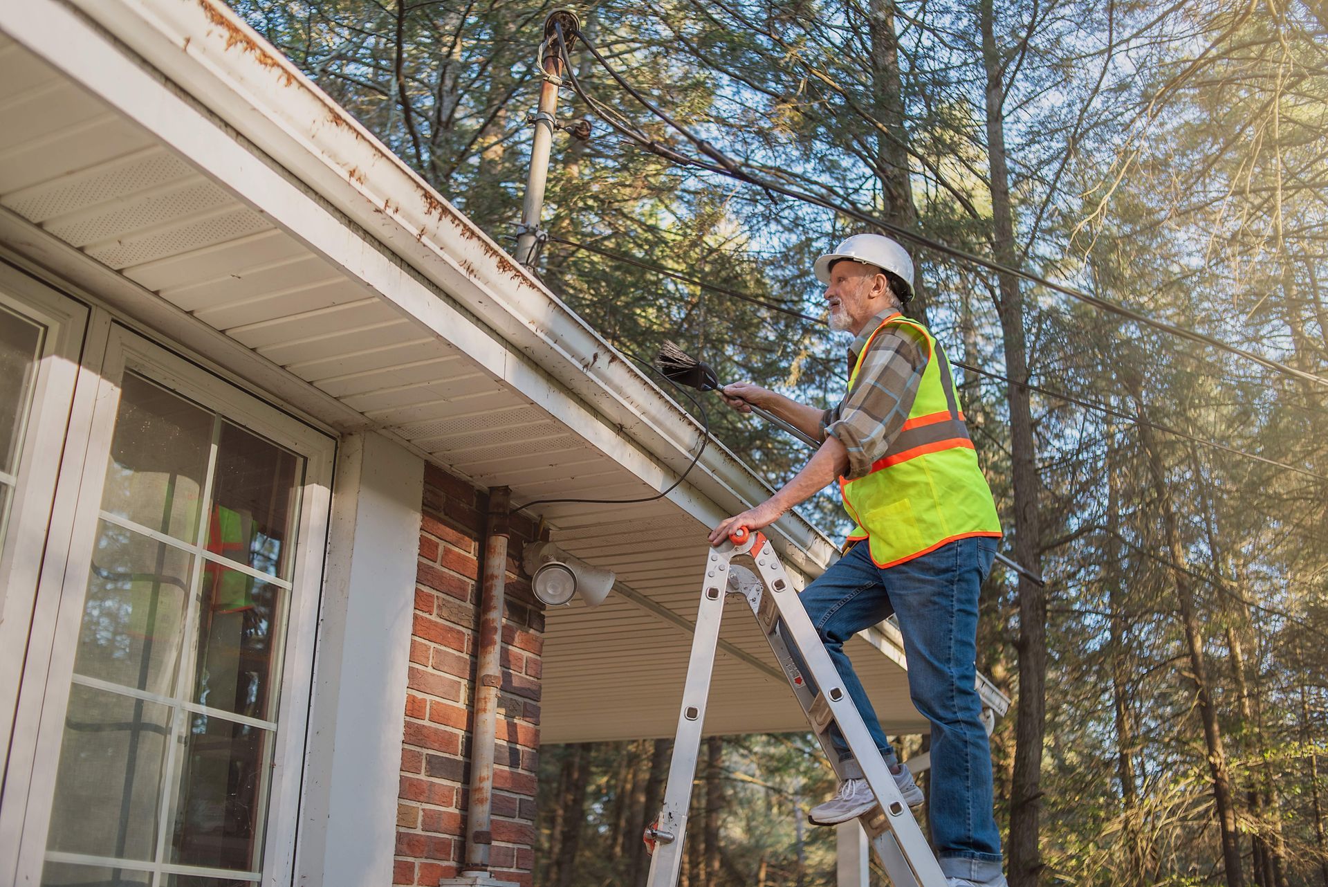Inspector in safety gear examining roof gutter.