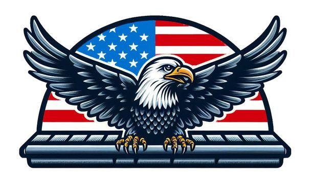 a bald eagle with its wings spread is sitting on a rooftop in front of an american flag .