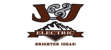 Logo for J&J Electric featuring dark brown stylized lettering, a mountain graphic, and the tagline "BRIGHTER IDEAS!"