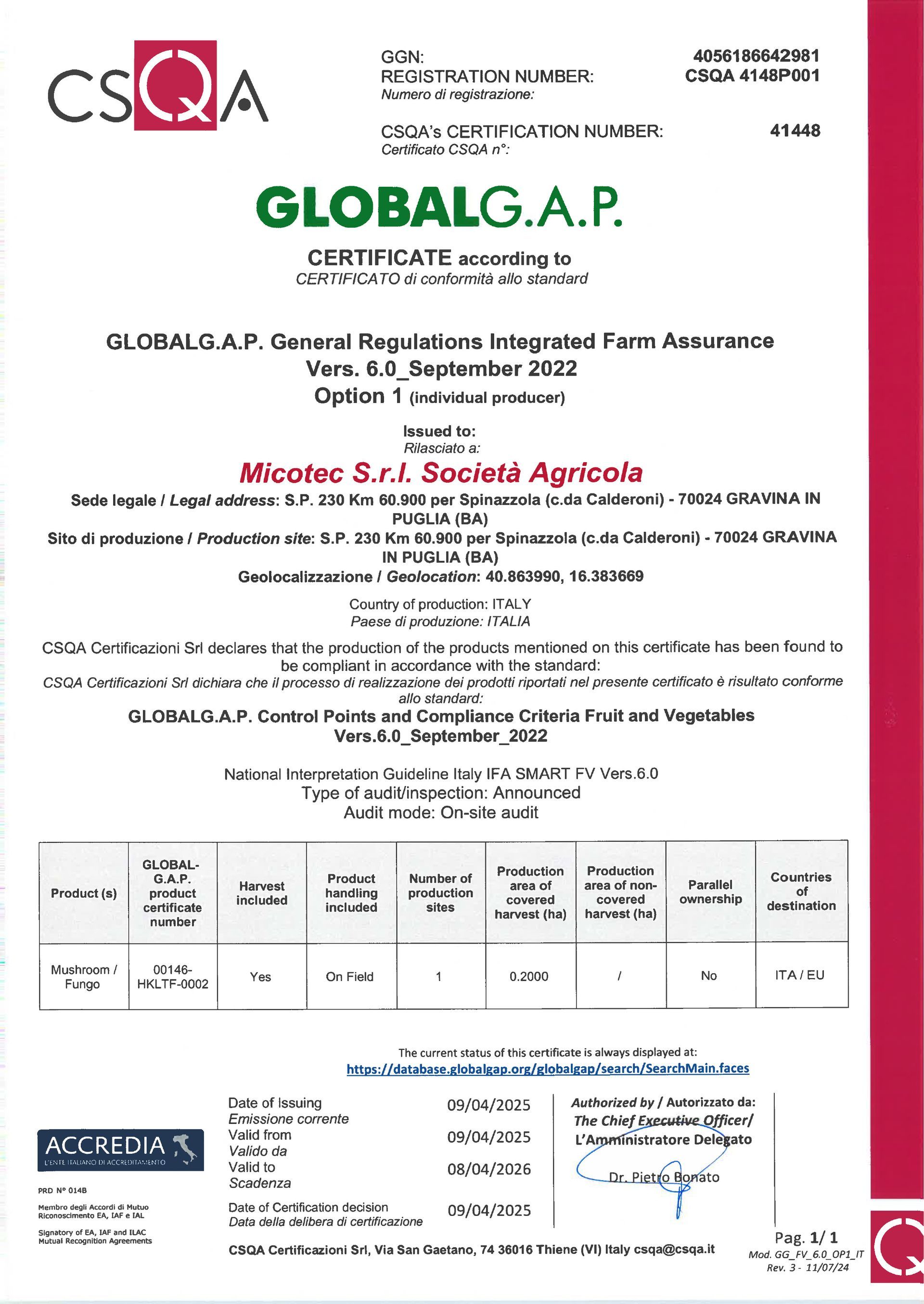 Certificato GLOBALG.AP. Mostra la certificazione di Micoter Srl per la produzione di frutta. Il documento contiene loghi e dettagli.